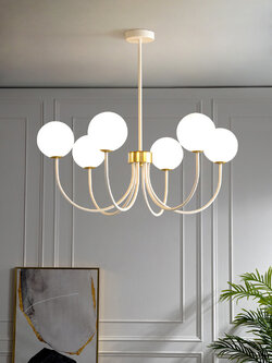 โคมไฟแขวนเพดานโครงเหล็กทรงโค้งสีขาวโป๊ะโคมแก้วทรงกลมสีขาวนม[WH6]