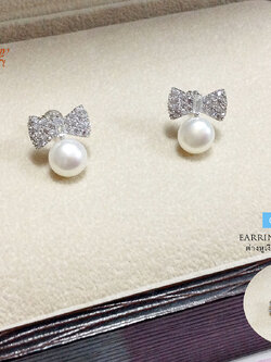 ต่างหูเงินแท้ รูปโบว์ ประดับเพชร cz งานน่ารักๆ