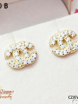 ต่างหูเงินแท้ ชุบทองแบบก้านเสียบ ประดับเพชร CZ ตัวเรือนทำด้วยเงินแท้