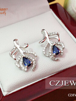ต่างหูเงินแท้ ประดับเพชร cz พลอยสีน้ำเงิน งานแบบละเอียด