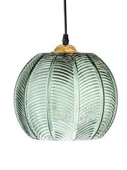 โคมไฟแขวนเพดานแก้วโทนสีเขียวแกะลายเส้นทรงกลมเปิดปากโคมด้านล่างตกแต่งหัวจับสีทอง[JY016]