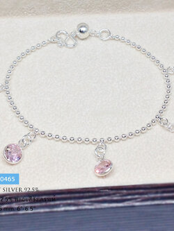 สร้อยข้อมือเงินแท้ 92.5% ลายบอล ร้อยตุ้งติ้งพลอยสังเคราะห์ สีชมพู พร้อมกระดิ่ง 1 ลูก งานน่ารักๆ เหมาะสำหรับเด็ก-ผู้ใหญ่ที่ข้อมือเล็ก (สร้อยงานไทย)