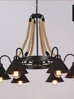 โคมไฟลอฟท์แขวนเพดานโป๊ะเหล็กสีดำลายเชือก [JZ2308]