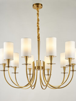 โคมไฟระย้าโครงสีทองทรงก้านโค้งโป๊ะผ้าทรงกระบอกยาวสีขาว[T014]