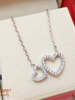สร้อยคอเงินแท้ 92.5% พร้อมจี้หัวใจคู่ประดับเพชร cz งานเกรดจิวเวลรี่