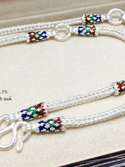 สร้อยเงินแท้ ห้อยพระ 5 องค์ ลายเปีย ลงยา (งานไทย)