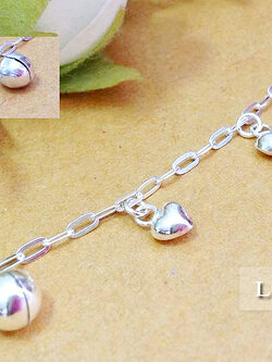 สร้อยข้อเท้าเงินแท้ ห้อยตุ้งติ้งหัวใจเล็ก 12 ดวง (กระดิ่ง 1 ลูก) หนา 1.2 มิล