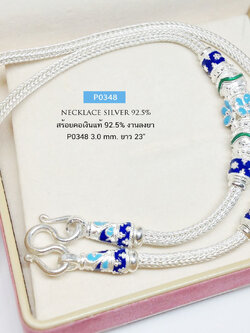 สร้อยคอเงินแท้ 92.5% ลายหกเสา เม็ดปะคำลงยา สีฟ้า น้ำเงิน เขียว - งานช่างทอง (สร้อยงานไทย)