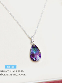 จี้เงินแท้ จี้คริสตัล Crystal สีม่วง น้ำเงิน เขียว คราม ประดับเพชร cz ทรงหยดน้ำ (ราคาเฉพาะจี้ ไม่รวมสร้อย)