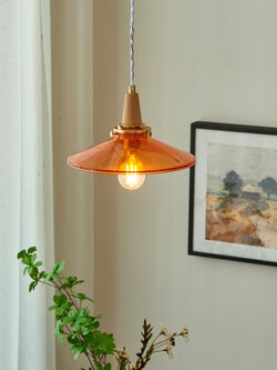 โคมไฟแขวนเพดานแก้วสีส้มมีจุกไม้เส้นผ่านศูนย์กลาง 20 cm [HY-110503]