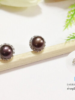 ต่างหูเงินแท้ 92.5% มุกน้ำจืดแท้ สีเหลื่อมดำ หุ้มเพชร cz (ตัวเรือนเงินแท้)