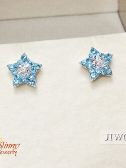 ต่างหูเงินแท้จิ๋ว รูปดาวขาว ฟ้า ประดับพลอย