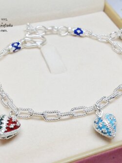 สร้อยข้อมือเงินแท้ 99.9% งานสุโขทัย ลายโซ่ ร้อยหัวใจ เล่นลายดอกพิกุลลงยา ใส่เล่น ใส่เที่ยว น่ารักมากๆ