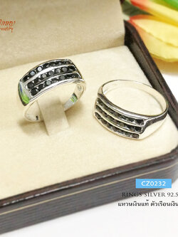 แหวนเงินแท้ 92.5% ประดับเพชร cz 3 แถว พลอยสีนิล