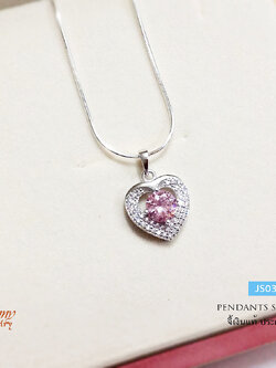 จี้เงินแท้ จี้หัวใจประดับเพชร cz สีชมพูอ่อนๆ