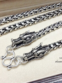 สร้อยเงินแท้ 92.5% ห้อยพระ 1 องค์ สร้อยเส้นใหญ่ ลายเกร็ดมังกร - หัวมังกร งานรมดำ (งานไทย- Handmade)