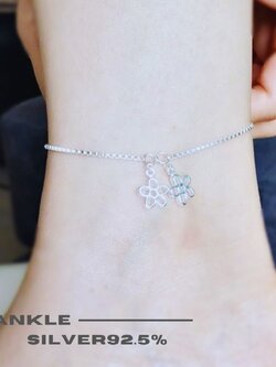 สร้อยข้อเท้าเงินแท้ 92.5% ลายกล่อง box ร้อยตุ้งติ้งดอกไม้ น่ารักๆ พร้อมกระดิ่งอีก 1 ลูก (เรือนเงินแท้)