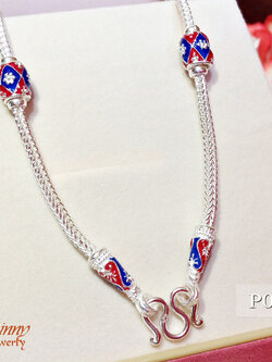 สร้อยเงินแท้ ลายสี่เสา ลงยาสีแดงน้ำเงิน ลายดอกไม้(งานไทย)