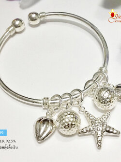 กำไลข้อมือเงินแท้ แบบเกลี้ยง ห้อยตุ้งติ้งเงิน (แบบโปร่งหนา ไม่ตัน) กำไลขยายได้