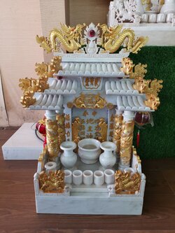 ตี่จู้หินอ่อน ตี่จู้เอี๊ยะ ขนาด 18 นิ้ว(รุ่นมหาลาภ) 4 เสา 5 หลังคา 8ปลา 8หงส์ 8มังกร หินสีขาวพ่นทอง