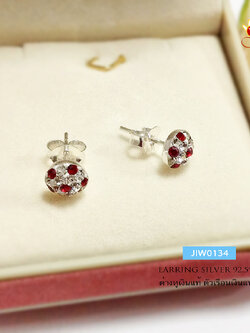 ต่างหูเงินแท้ 92.5% ต่างหูจิ๋ว บอลครึ่ง ประดับพลอยสีขาว แดง