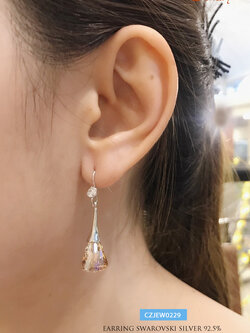 ต่างหูเงินแท้ ต่างหู คริสตัล Crystal สีทองอ่อนๆ แบบเกี่ยว ระย้า