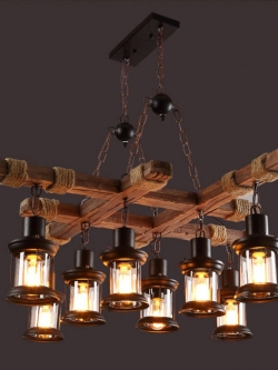 โคมไฟแขวนเพดานไม้เนื้อแข็ง Retro Industrial 8 ดวง [BN1020A-8]