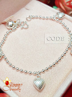 สร้อยข้อมือเงินแท้ 92.5% สำหรับเด็ก ลายบอล ร้อยตุ้งติ้งหัวใจน่ารักๆ พร้อมกระดิ่ง 1 ลูก