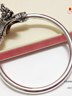 กำไลข้อมือเงินแท้ 92.5% หัวพญานาค แบบเรียบ รมดำ - กำไลโปร่ง (แบบเปิด) ขยายได้ เรือนเงินแท้