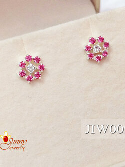 ต่างหูเงินแท้จิ๋ว ลายดอกไม้ประดับเพชร cz สีขาวทับทิม