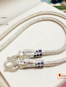 สร้อยเงินแท้ ห้อยพระ 1 องค์ ลายเปีย หัวมังกร ลงยา (งานไทย)