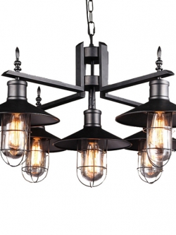 โคมไฟแขวนเพดานเหล็กดัดครอบแก้ว แบบ 5 ดวง สีดำ [MY149]