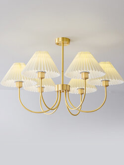 โคมไฟแขวนเพดานโครงสีทองเหลืองทรงโค้งโป๊ะโคมทรงดอกเห็ดผิวเรียบลายจีบ [HSYS-8930]