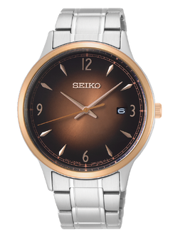 Karnvera Shop นาฬิกาข้อมือผู้ชาย Seiko Essentials Quartz Brown Dial Stainless Steel Men's Watch SGEH90P1