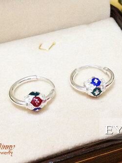 ต่างหูเงินแท้ 92.5% แบบห่วงกลม คล้องเม็ดเงินลงยาสีน้ำเงิน แดง เขียว