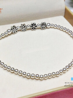 สร้อยข้อมือเงินแท้ 92.5% ร้อยเม็ดบอล ดอกไม้รมดำ (ร้อยด้วยเอ็นยืดขยายได้)