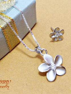 เซต จี้เงินและต่างหู รูปดอกไม้ ประดับเพชร cz