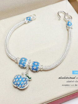 สร้อยข้อมือเงินแท้ 99.9% สร้อยสุโขทัย ลายหกเสา ร้อยแอปเปิ้ล ลงยาสีฟ้า