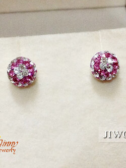 ต่างหูเงินแท้ 92.5% ต่างหูจิ๋ว บอลครึ่งลูกสีชมพู ประดับพลอย