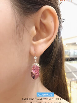 ต่างหูเงินแท้ 92.5% ต่างหู คริสตัล Crystal สีชมพู แบบเกี่ยว ระย้า รูปหัวใจ