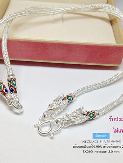 สร้อยคอเงินแท้ 99.9% งานสุโขทัย ลายสามเสา ห้อยพระ 2 องค์ หน้า-หลัง หัวมังกร งานลงยา สีแดง น้ำเงิน เขียว ลายไทย งานสวย ละเอียดทั้งเส้น (สร้อยงานสุโขทัย-งานช่างทอง)