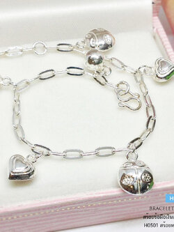 สร้อยข้อมือเงินแท้ 92.5% ลายโซ่เรือ ร้อยตุ้งติ้งหัวใจ เต่าทอง หนัก 1 สลึง (สร้อยงานไทย)