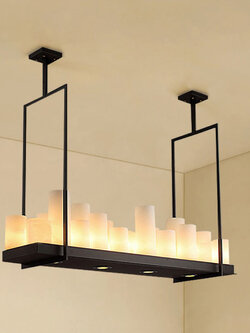 โคมไฟแชนเดอเรีย โครงเหล็กสี่เหลี่ยมผืนผ้าแผ่นเรียบสีดำ โป๊ะแท่งเทียนสีขาวขุ่นวางเรียงสไตล์ Europe [XSAL1104-2]