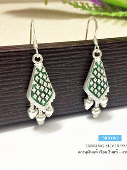 ต่างหูเงินแท้ 99.9% งานสุโขทัย ต่างหูระย้า แบบเกี่ยว ลงยาสีเขียว ลายดอกพิกุล งานทำมือ สวยมากๆ
