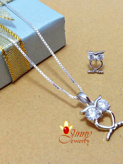 เซต จี้เงิน สร้อยคอ และต่างหู รูปนกฮูก ประดับเพชร cz