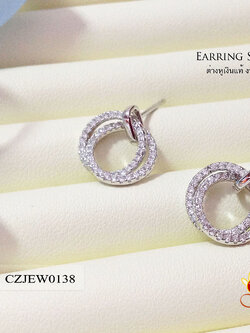 ต่างหูเงินแท้ แบบก้านเสียบ ห้อยห่วงกลม 2 ห่วง ประดับเพชร cz