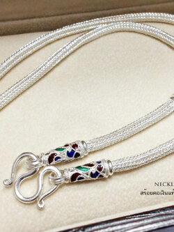 สร้อยคอเงินแท้ 99.9% งานสุโขทัย ลายหกเสา งานลงยา สีแดง เขียว น้ำเงิน ห้อยพระ 3 องค์