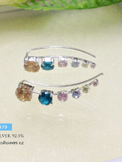 ต่างหูเงินแท้ 92.5% ต่างหูแบบเกี่ยว - แนบใบหู ประดับเพชร cz หลากสี ขนาดกลางๆ