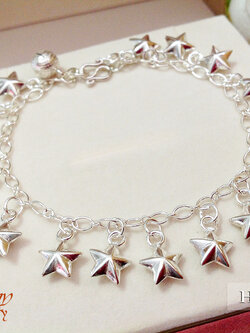 สร้อยข้อมือเงินแท้ ห้อยตุ้งติ้งดาว 16 ชิ้น + กระดิ่ง 1 ชิ้น หนา 2.0 มิล