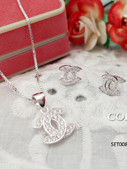 เซตสร้อย จี้เงิน และต่างหู ตัว C ชนกันฝังแบบจิก เพชร cz